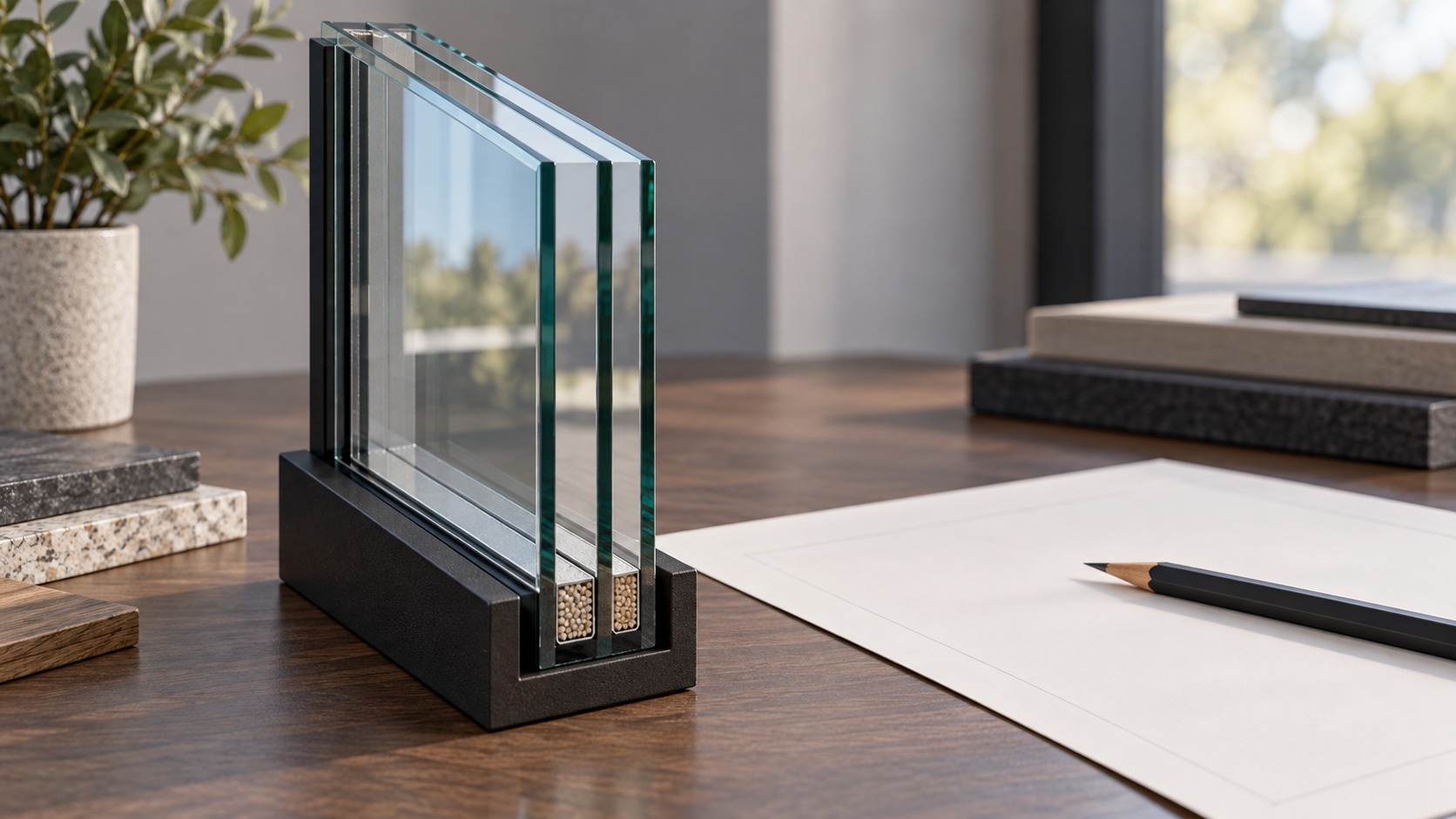 Условный демонстрационный образец стеклопакета с тремя стёклами